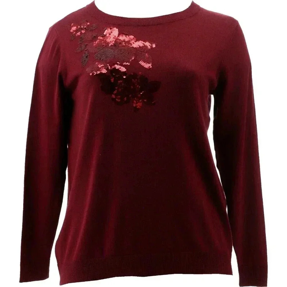 DG2 Diane Gilman Quad Blend Sequin Floral Sweater Top BURGUNDY RED XL 679888 NEW